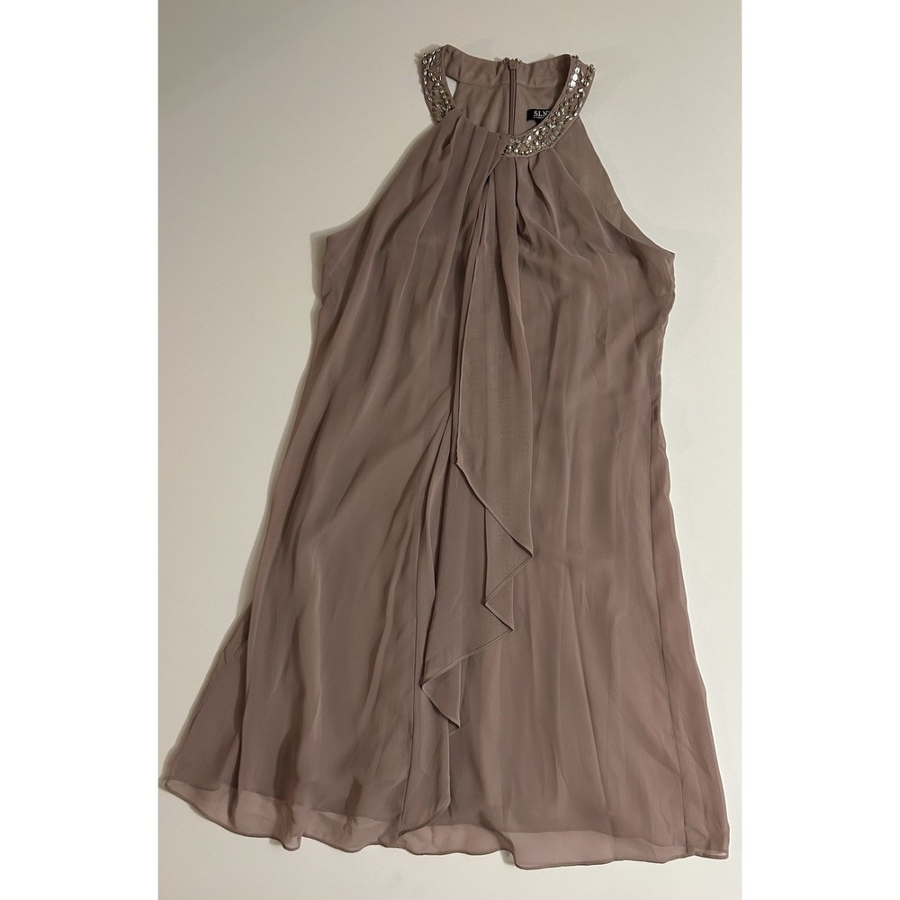 SLNY Chiffon Halter Embellished Party Dress – Taupe – Size 8